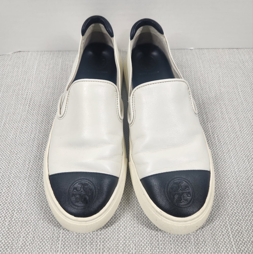Tory Burch 6 M ivory black leather sneaker loafer colorblock